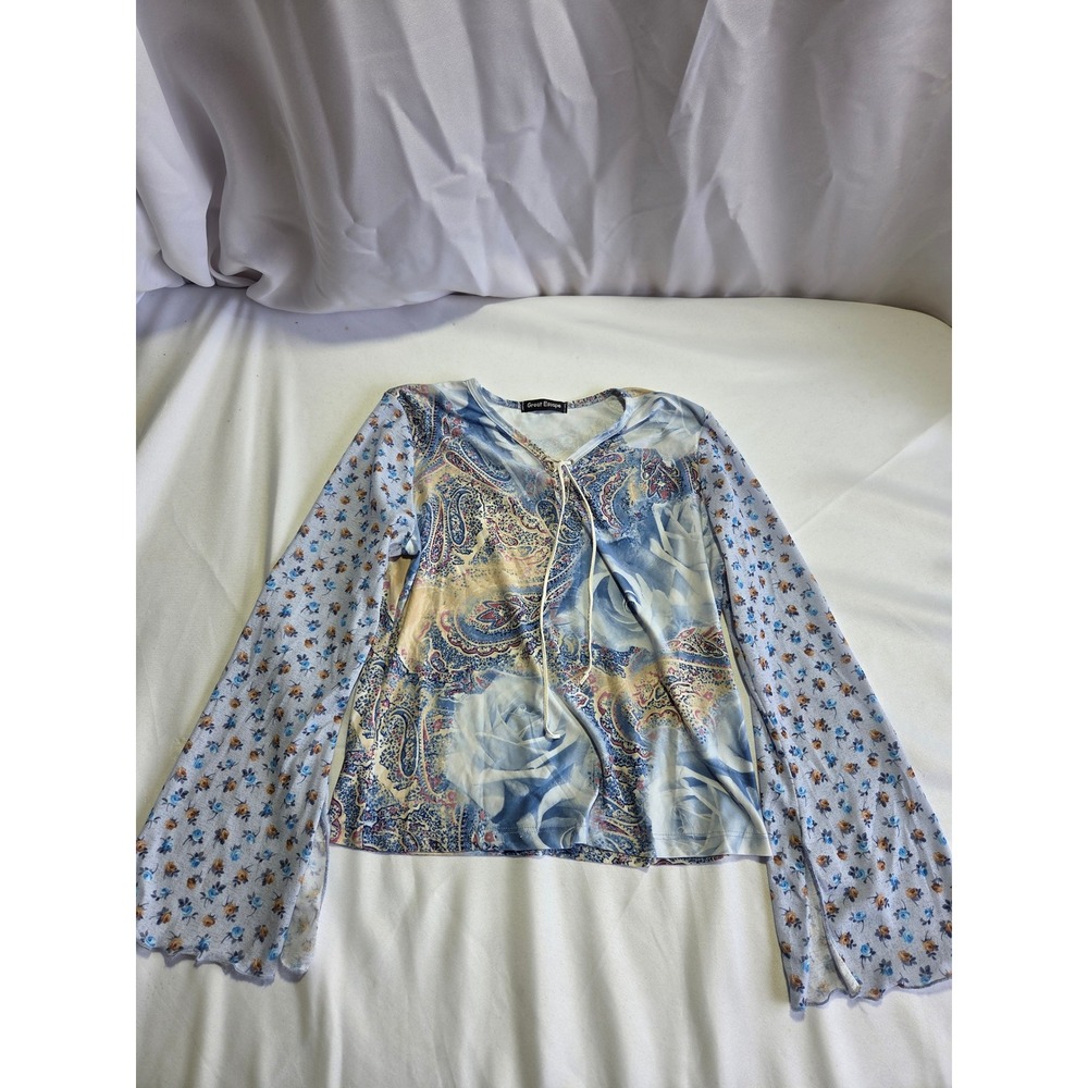 Great‎ Escape Paisley Rose Mixed Print Lace Up Bell Sleeve Top Blue Y2K Medium